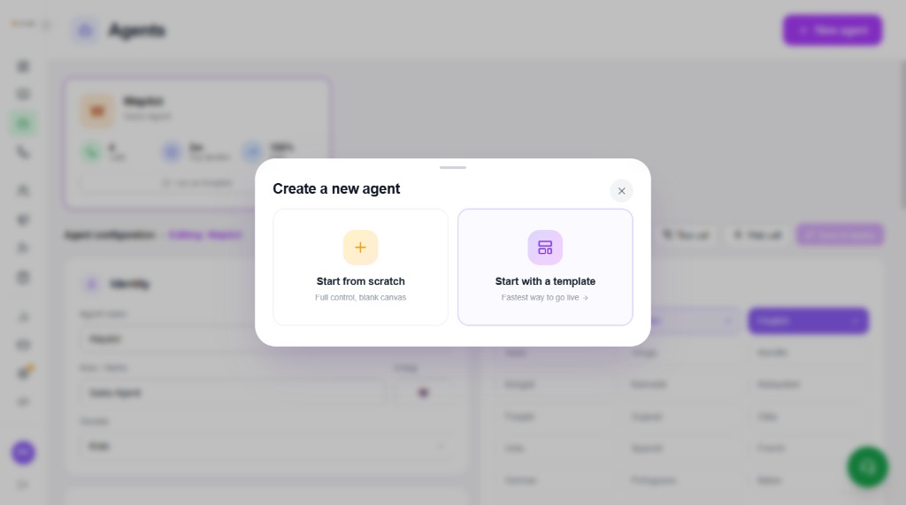 Create a new agent modal with Start from scratch and Start with a template