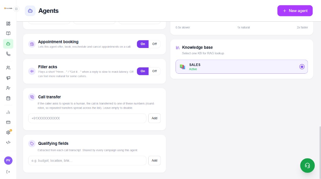 Appointment booking, filler acks, call transfer, qualifying fields, and knowledge base selection