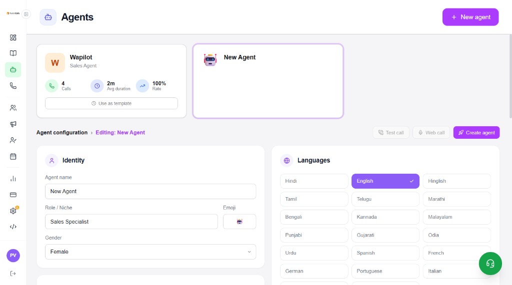 New Agent identity and languages configuration panel