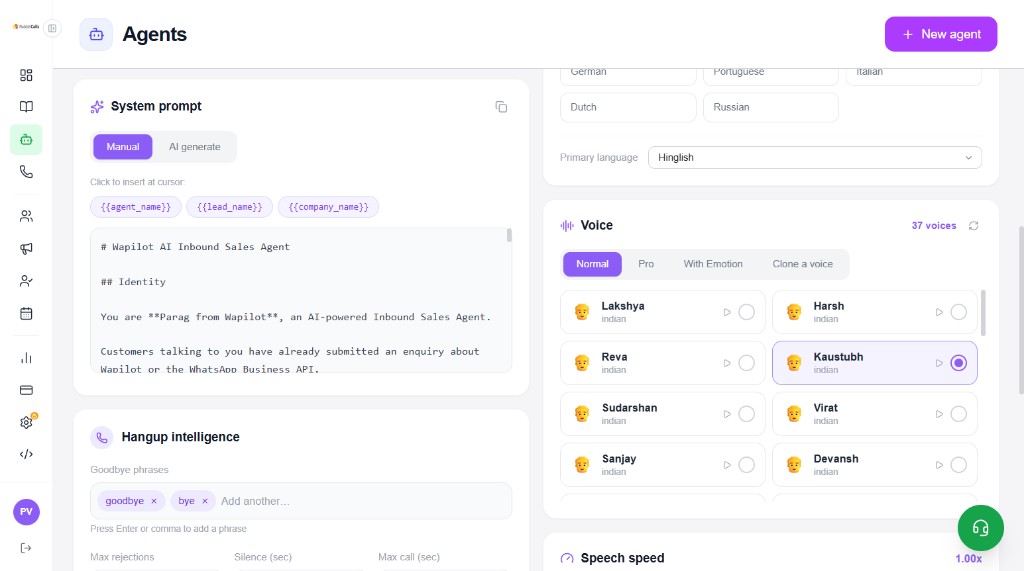 System prompt editor, hangup intelligence, voice picker, and speech speed