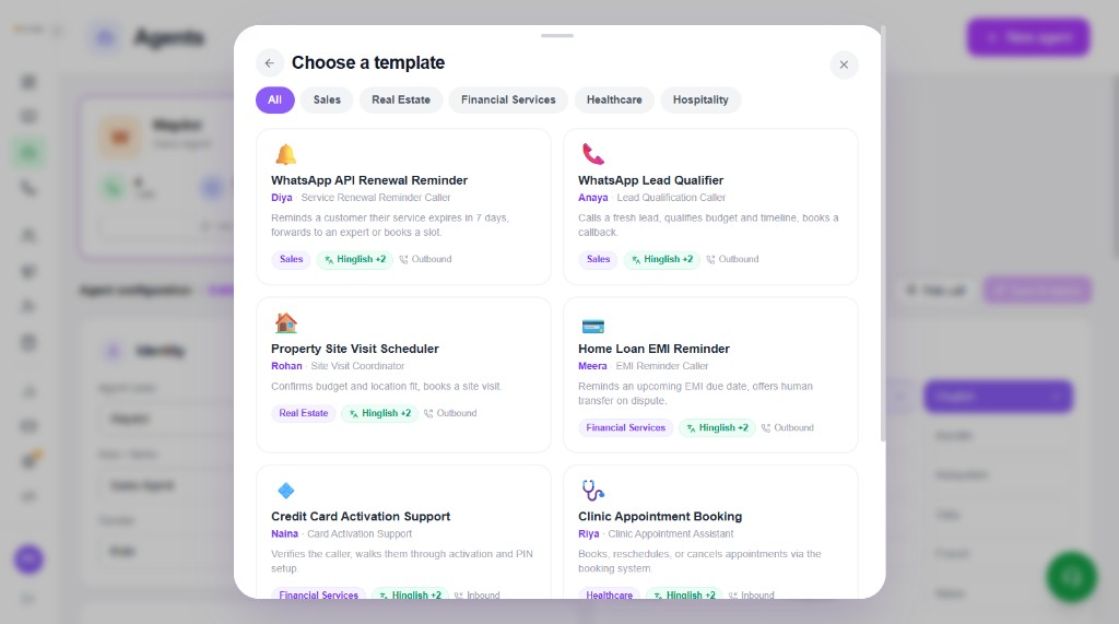 Choose a template modal with industry filters and template cards