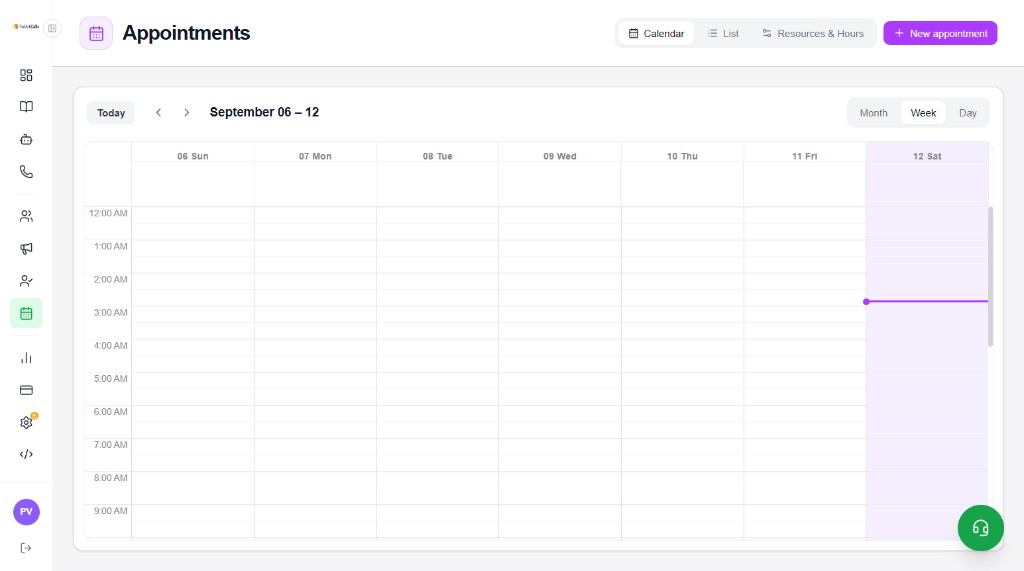 Appointments Calendar week view with Today navigation and Month Week Day toggles