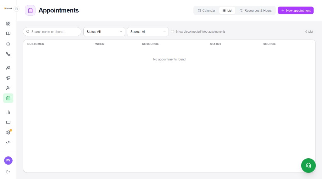 Appointments List view with search, status and source filters, empty table