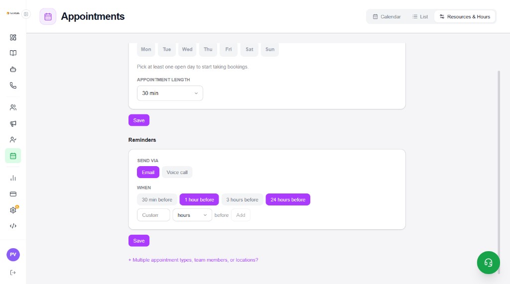 Resources and Hours with Availability open days, appointment length, and Reminders settings