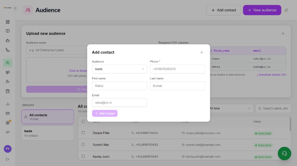 Add contact modal with Audience, Phone, First name, Last name, Email fields
