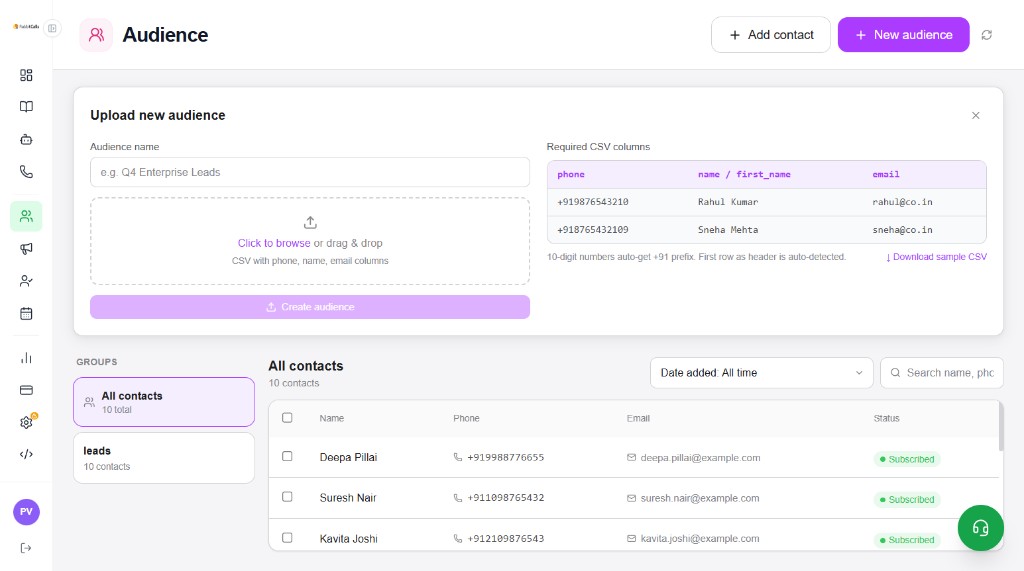 Upload new audience form with CSV drop zone and required columns phone, name, email