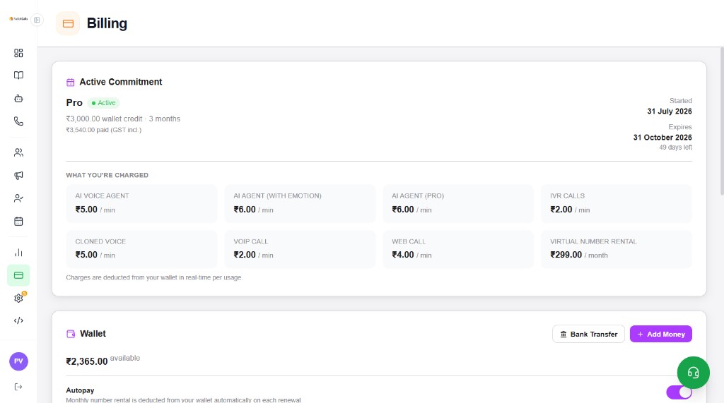 Billing page with Active Commitment, usage rates, and Wallet