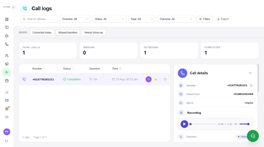 Call logs page with filters, stats, call table, and Call details panel with recording player