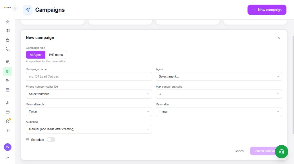 New campaign modal with AI Agent type selected