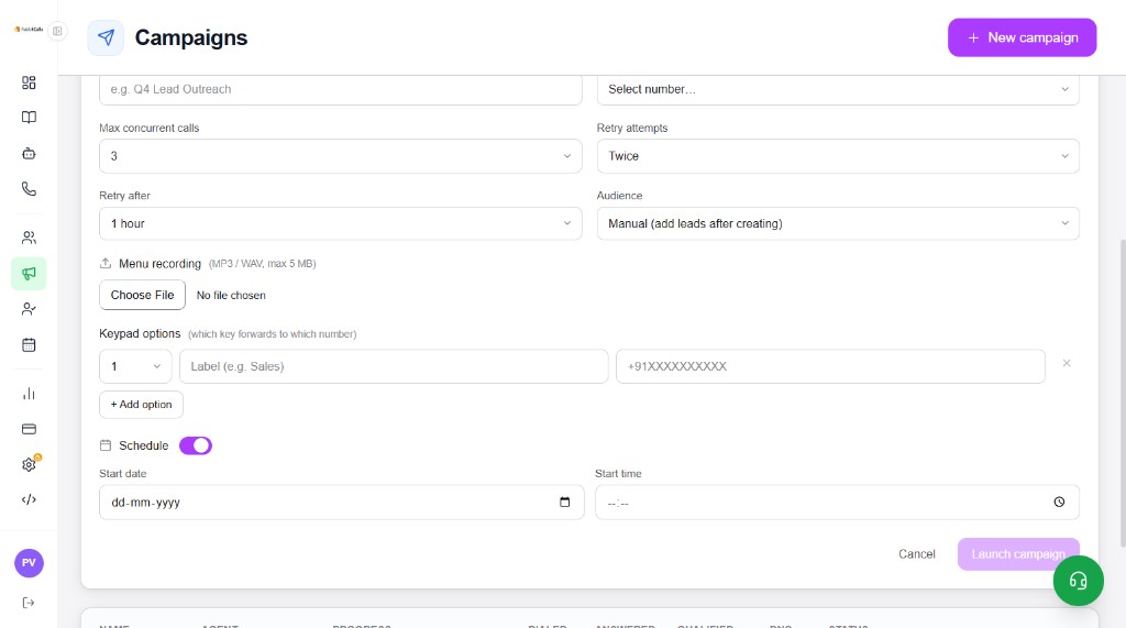 IVR new campaign form with Schedule toggled on and start date/time fields