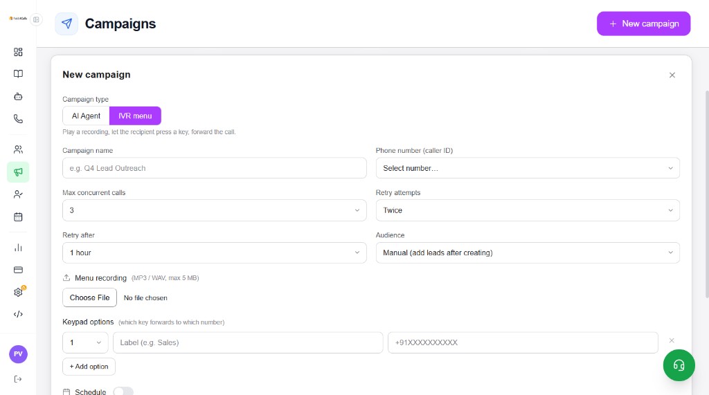 New campaign modal with IVR menu, recording upload, and keypad options