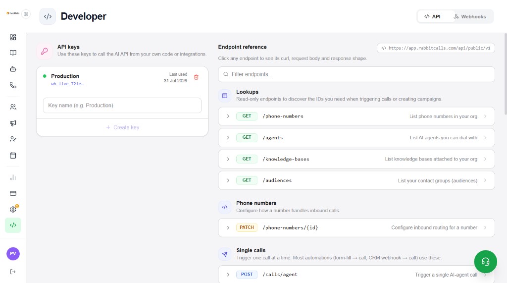 Developer API tab with API keys panel and endpoint reference for phone-numbers, agents, knowledge-bases, audiences, calls