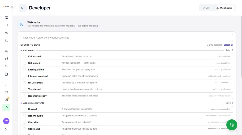 Developer Webhooks tab with endpoint URL and call plus appointment event checkboxes