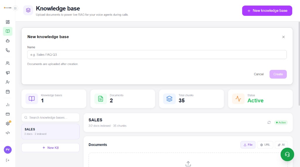 New knowledge base form with name field and Create button
