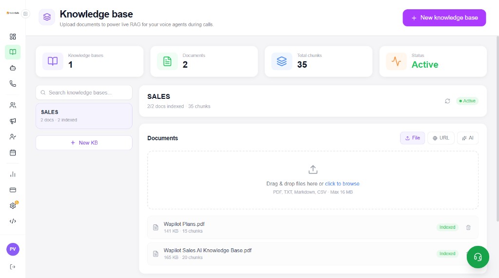 Knowledge base screen with SALES KB, indexed PDF documents, and File/URL/AI upload options