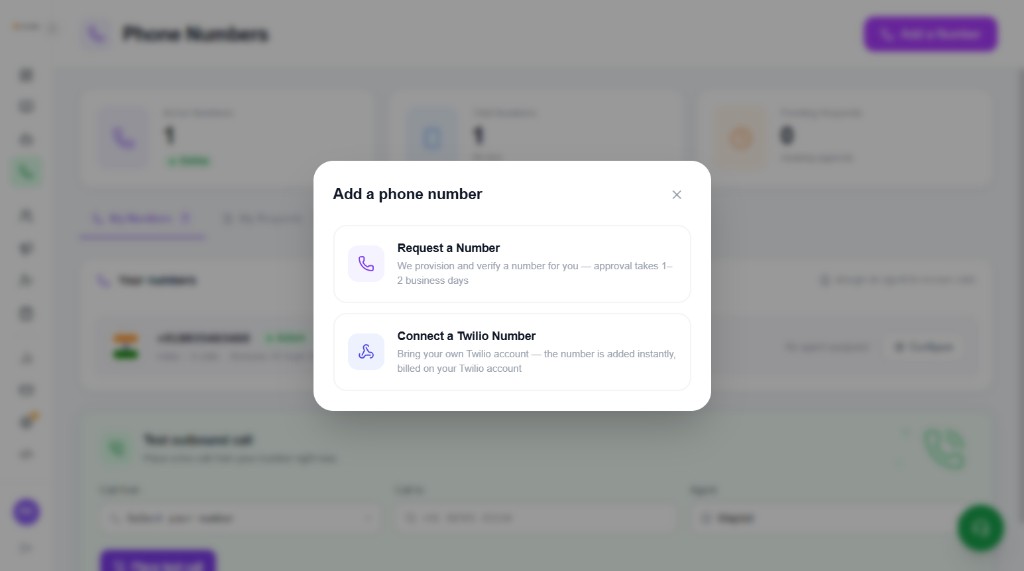 Add a phone number modal with Request a Number and Connect Twilio