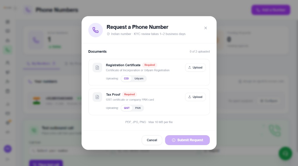 Request a Phone Number KYC upload for COI/Udyam and GST/PAN