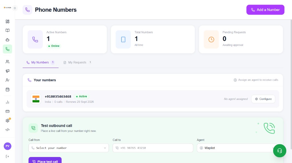 Phone Numbers overview with My Numbers and Test outbound call