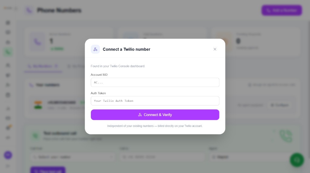 Connect a Twilio number modal with Account SID and Auth Token