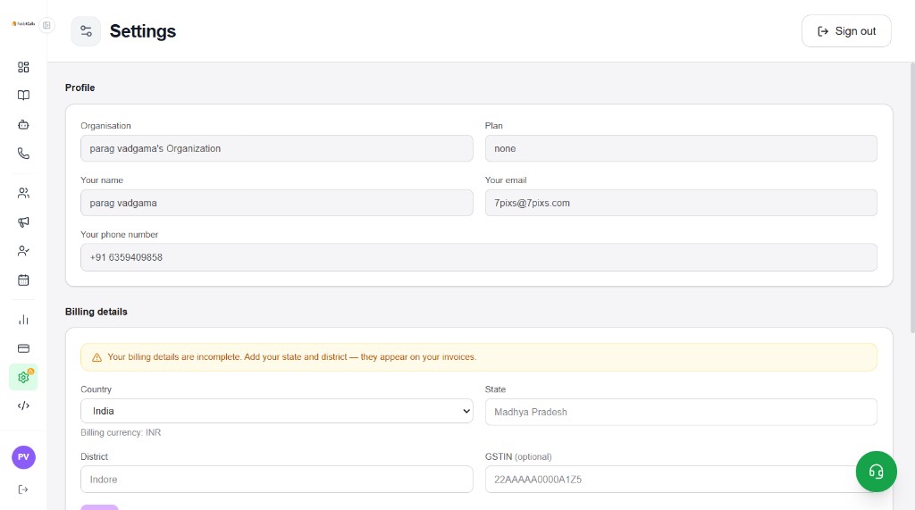 Settings profile and billing details with organisation, name, email, phone, country, state, district, GSTIN