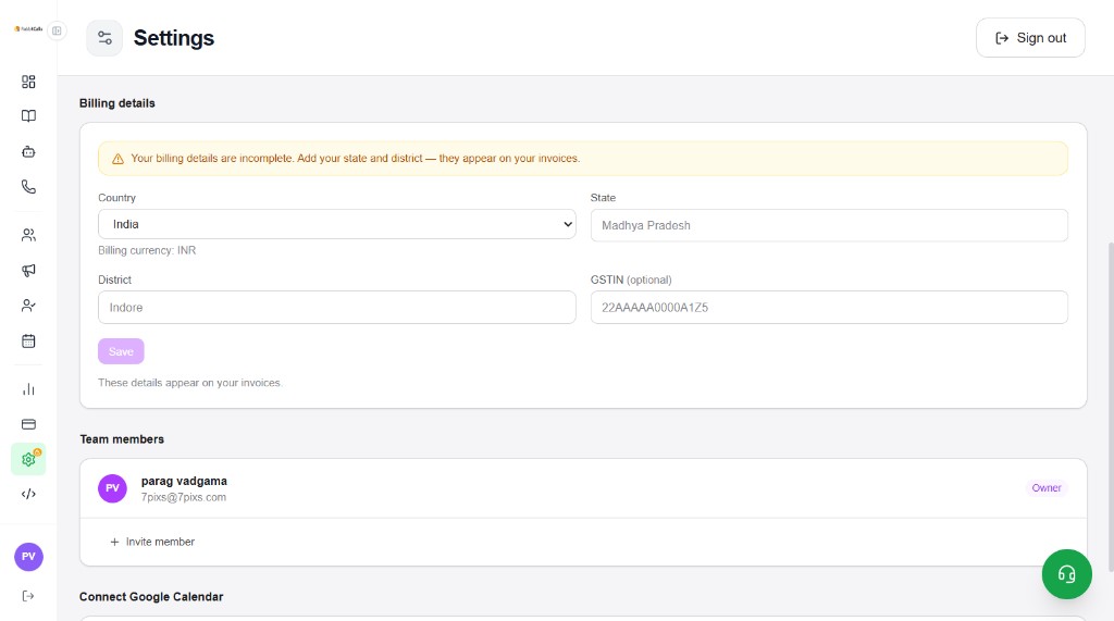 Settings Team members list with Owner and Invite member link